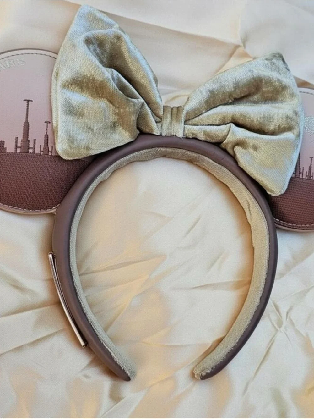 Kids Velvet Bow Mouse Ear Headband in Sage Green